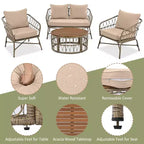 Ensemble de meubles de patio en osier bohème résistant aux intempéries Whisen, ensemble de sièges extérieurs, chaise de canapé extérieure avec coussins amovibles et plateau de table en bois - Beige