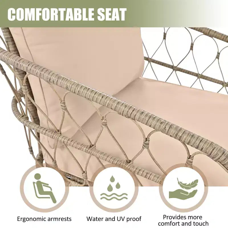 Ensemble de meubles de patio en osier bohème résistant aux intempéries Whisen, ensemble de sièges extérieurs, chaise de canapé extérieure avec coussins amovibles et plateau de table en bois - Beige