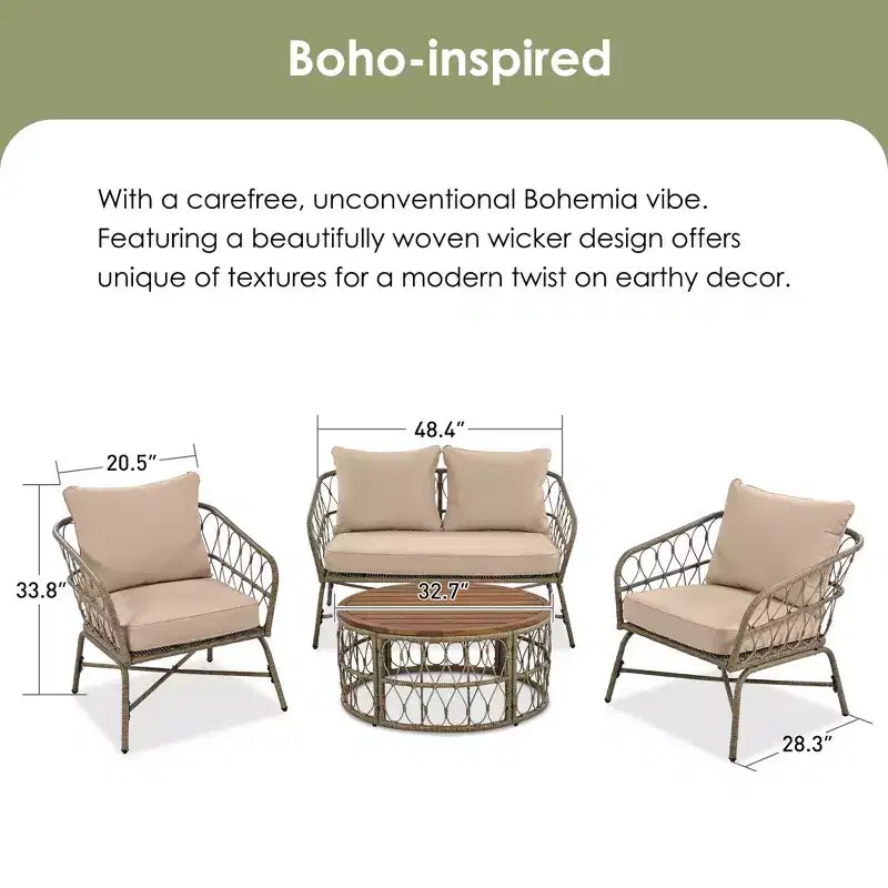 Ensemble de meubles de patio en osier bohème résistant aux intempéries Whisen, ensemble de sièges extérieurs, chaise de canapé extérieure avec coussins amovibles et plateau de table en bois - Beige