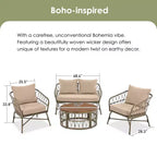 Ensemble de meubles de patio en osier bohème résistant aux intempéries Whisen, ensemble de sièges extérieurs, chaise de canapé extérieure avec coussins amovibles et plateau de table en bois - Beige