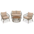 Ensemble de meubles de patio en osier bohème résistant aux intempéries Whisen, ensemble de sièges extérieurs, chaise de canapé extérieure avec coussins amovibles et plateau de table en bois - Beige