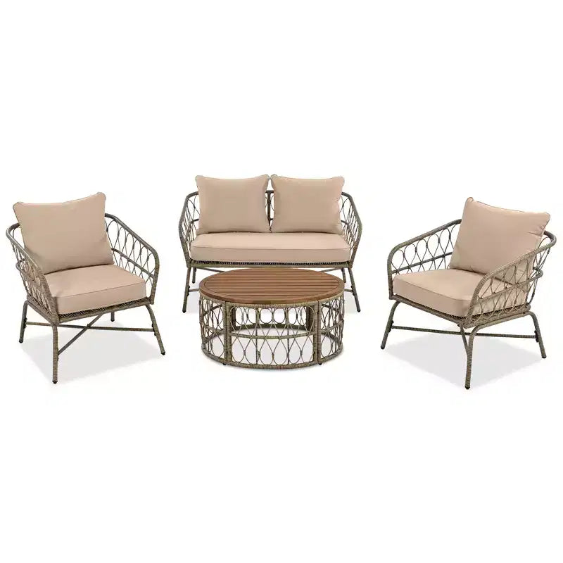 Ensemble de meubles de patio en osier bohème résistant aux intempéries Whisen, ensemble de sièges extérieurs, chaise de canapé extérieure avec coussins amovibles et plateau de table en bois - Beige