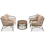 Ensemble de meubles de patio en osier bohème résistant aux intempéries Whisen, ensemble de sièges extérieurs, chaise de canapé extérieure avec coussins amovibles et plateau de table en bois - Beige