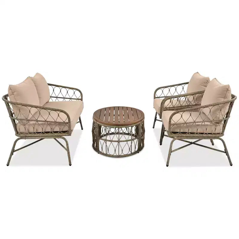 Ensemble de meubles de patio en osier bohème résistant aux intempéries Whisen, ensemble de sièges extérieurs, chaise de canapé extérieure avec coussins amovibles et plateau de table en bois - Beige