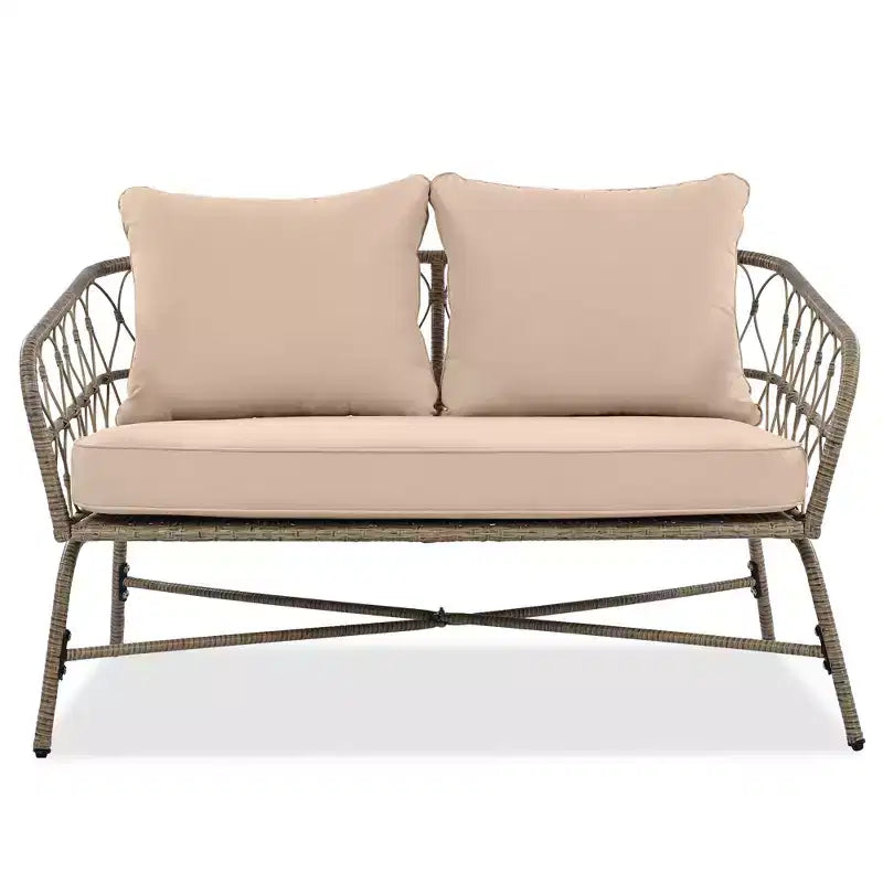 Ensemble de meubles de patio en osier bohème résistant aux intempéries Whisen, ensemble de sièges extérieurs, chaise de canapé extérieure avec coussins amovibles et plateau de table en bois - Beige