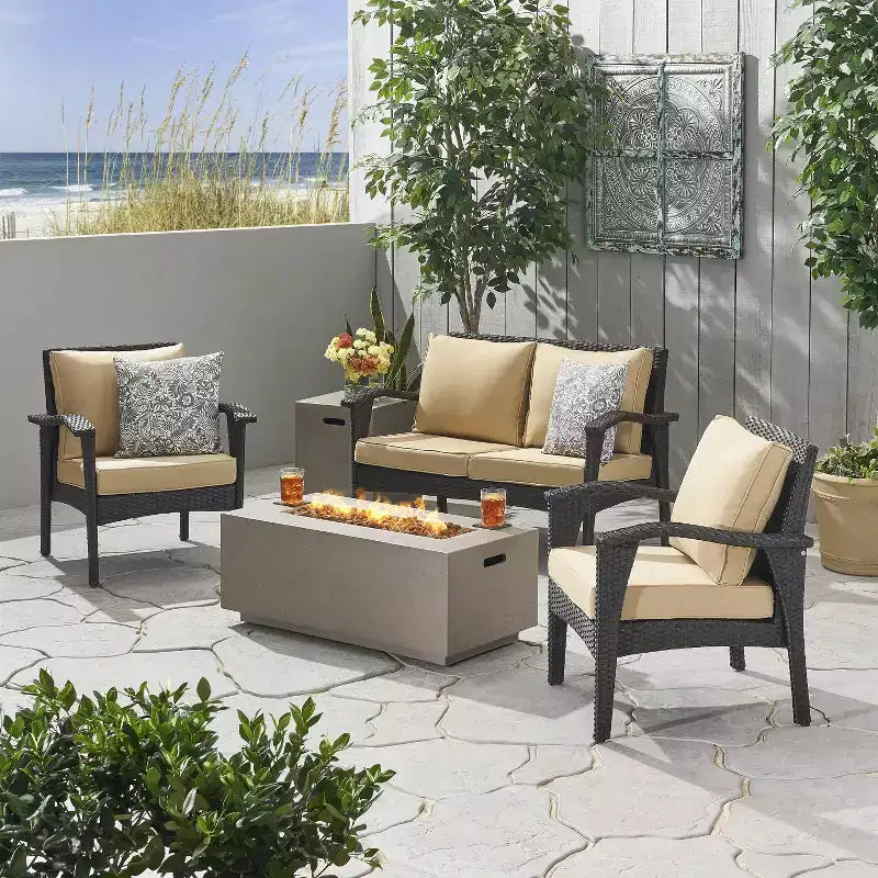 GDFStudio Lucerne Outdoor Wicker 4 Seater Chat Set with Fire Pit