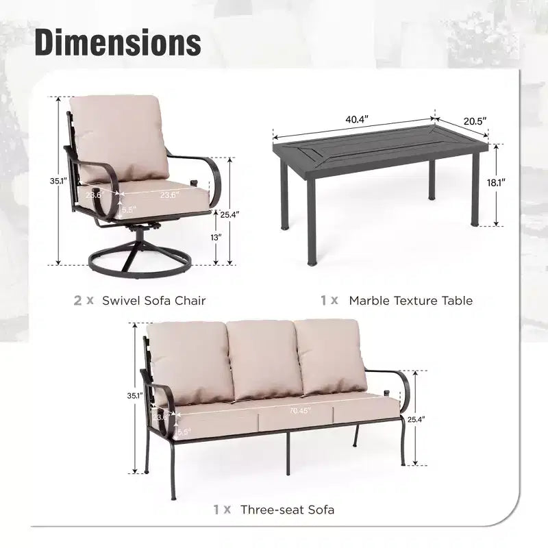 Captiva Designs Salon de jardin 4 pièces en métal extra large avec fauteuils pivotants à dossier motif et table basse