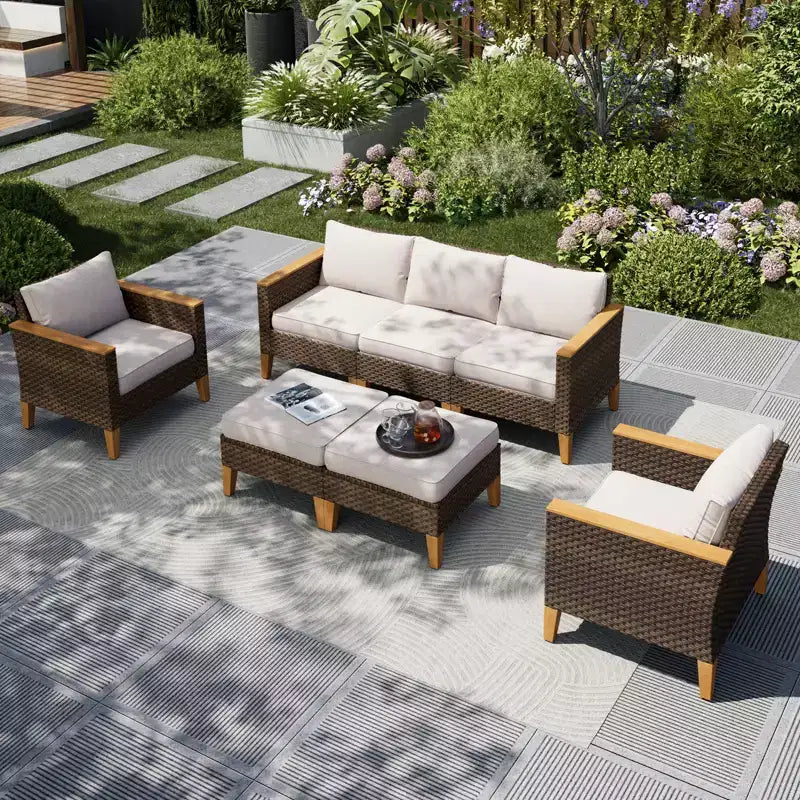 Captiva Designs 7pc Wicker Outdoor Patio Rattan Sectional Conversation Set with Cushioned Ottoman