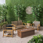 Christopher Knight Home Breakwater Outdoor Acacia Wood and Wicker 4 Seater Chat Set with 50,000BTU Fire Pit