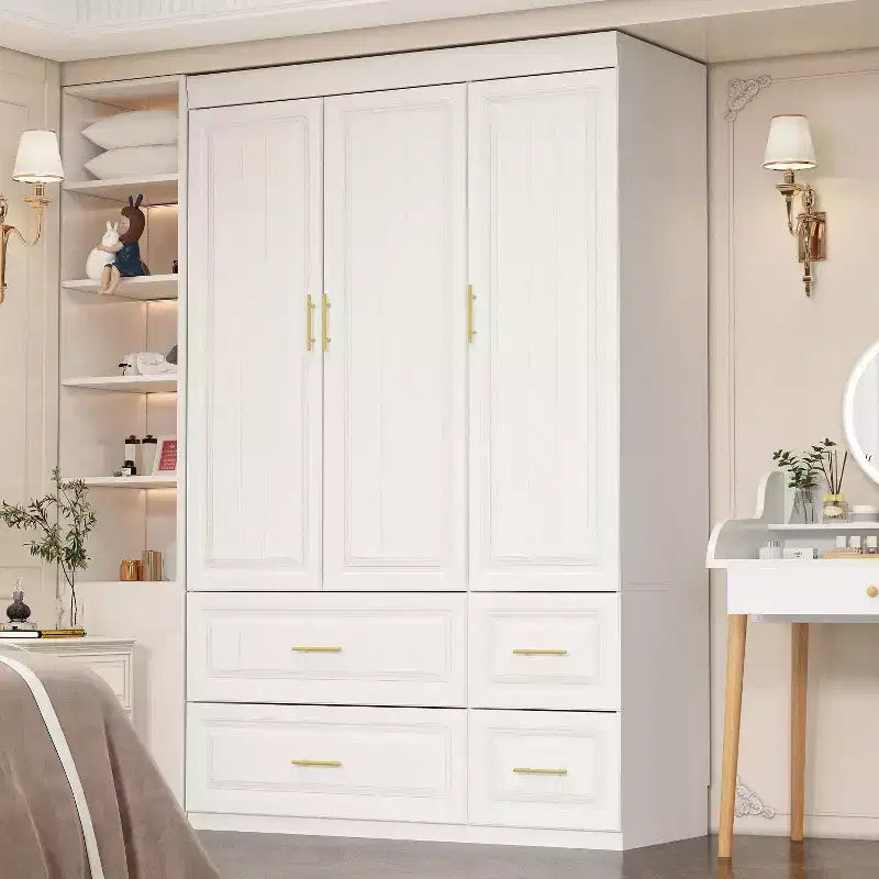 Armoire blanche Hitow, garde-robe moderne minimaliste, motifs à lignes, accessoires dorés