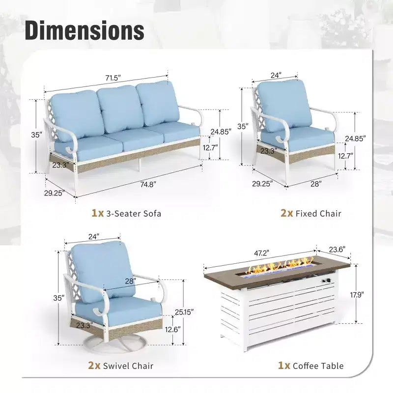 Ensemble Captiva Designs 6 pièces pour brasero d'extérieur en métal et rotin, avec fauteuils pivotants à dossier en croisillons et table