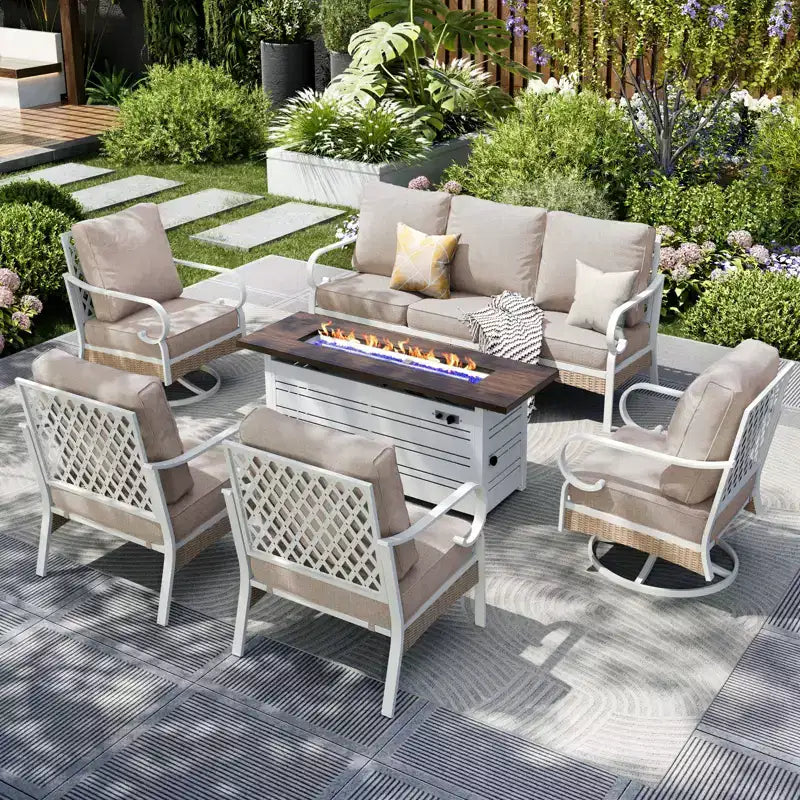 Captiva Designs 6pc extra large metal and rattan outdoor patio fire pit set with swivel grid-back chairs and table