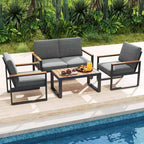 Costway Ensemble de Meubles de Patio en Aluminium 4 Pièces avec Accoudoirs et Plateau de Table en Bois-Plastique pour Balcon