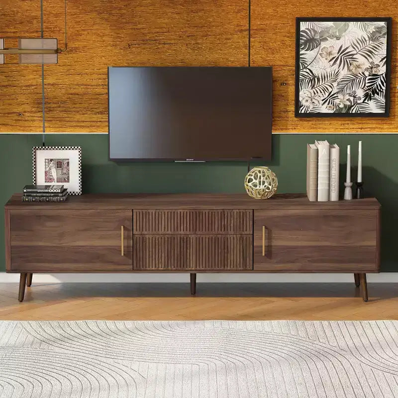 Mid Century TV Stand with 2 Drawers, Media Console Table for TVs up to 80'', Entertainment Center with Storage, Walnut - ModernLuxe
