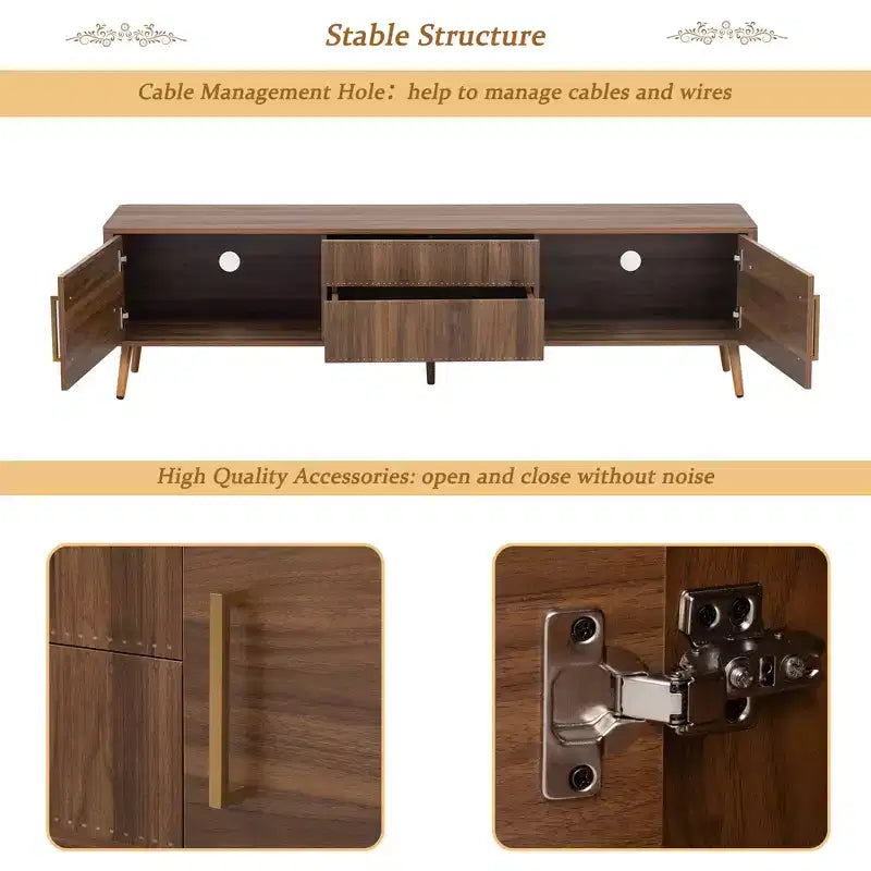 Meuble TV Mid-Century avec 2 tiroirs, console média pour TV jusqu'à 80'', centre de divertissement avec rangement, noyer - ModernLuxe