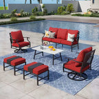 Captiva Designs 6pc Metal Patio Outdoor Conversation Set with Swivel Grid-back Chairs, Ottomans and Coffee Table