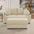 Causeuse moderne en velours côtelé GDFStudio Jean 73 avec porte-gobelets, rangement dans les accoudoirs, support de téléphone portable et pouf
