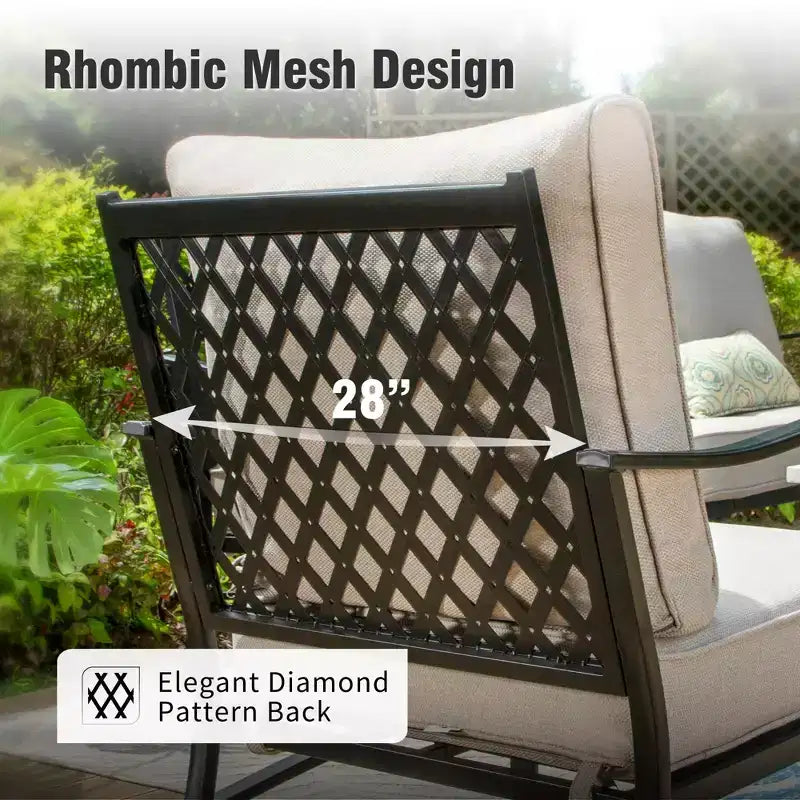 Captiva Designs 6pc Metal Patio Outdoor Conversation Fire Pit Set with Grid-back Armchairs and Ottomans for Garden, Poolside, Backyard
