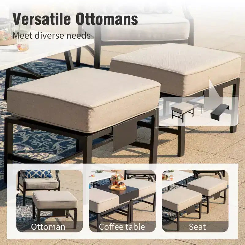 Captiva Designs 6pc Metal Patio Outdoor Conversation Fire Pit Set with Grid-back Armchairs and Ottomans for Garden, Poolside, Backyard