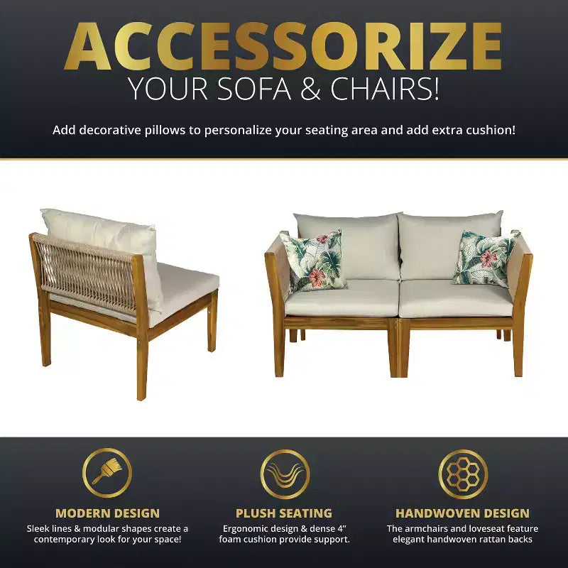 Kinger Home Trena 4-Piece Acacia Wood Patio Furniture Set with Cushions Elegant Outdoor Patio Furniture