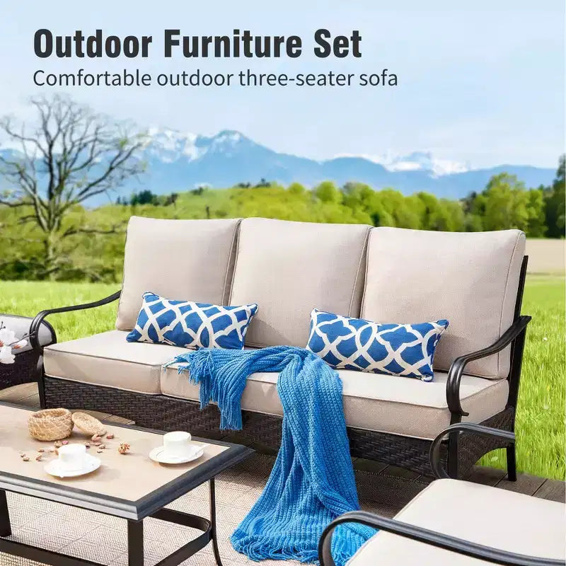 Captiva Designs 5pc Extra Large Metal and Rattan Outdoor Patio Conversation Set with Swivel Chairs and Loveseat