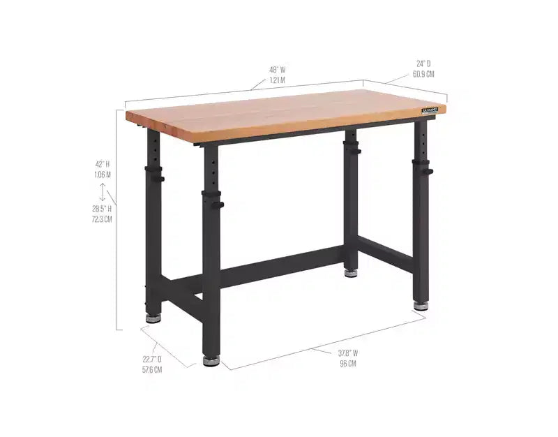 Seville Classics UltraHD Heavy Duty Workbench Table Wood Top, 48 W x 24 D x 28 to 42 H
