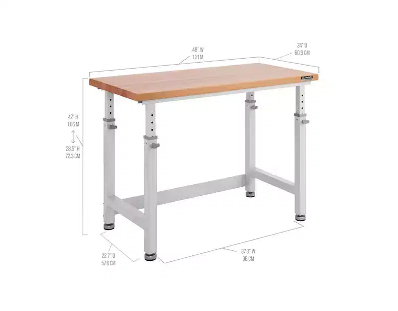 Seville Classics UltraHD Heavy Duty Workbench Table Wood Top, 48 W x 24 D x 28 to 42 H