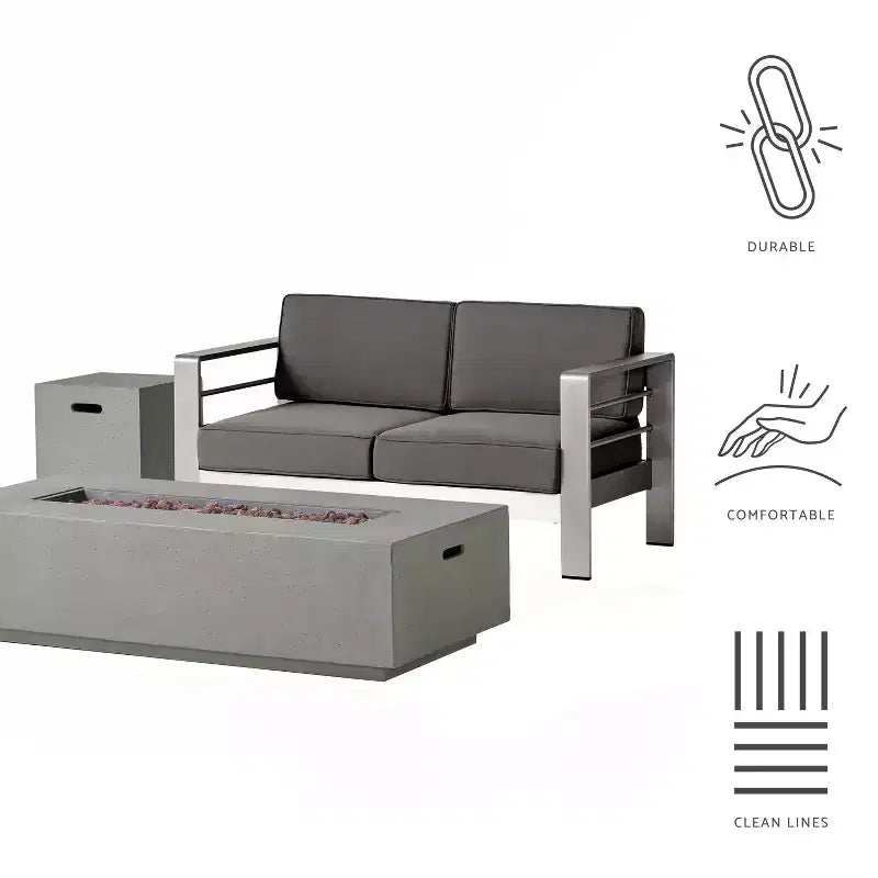 GDFStudio Crested Bay Outdoor Aluminum Loveseat and Fire Pit Set