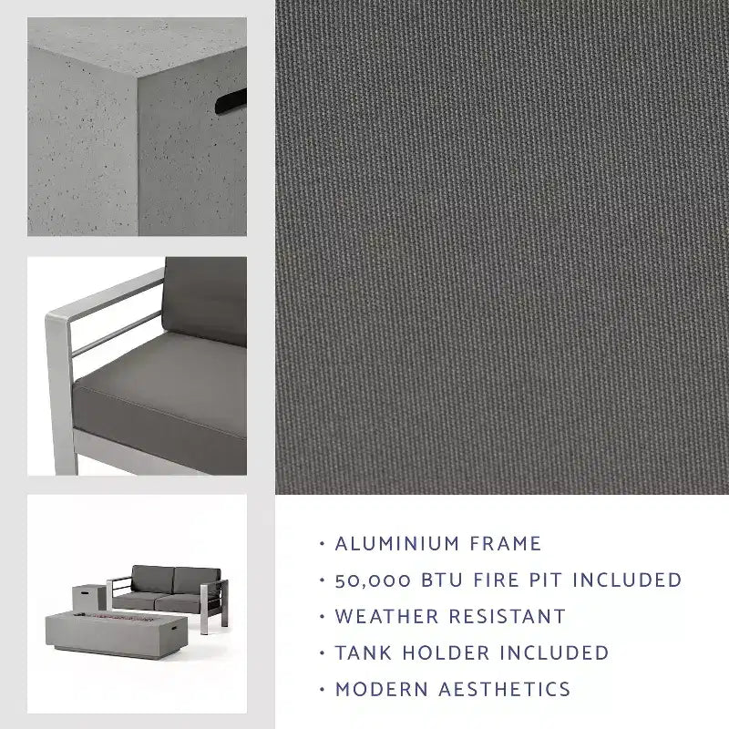 GDFStudio Crested Bay Outdoor Aluminum Loveseat and Fire Pit Set