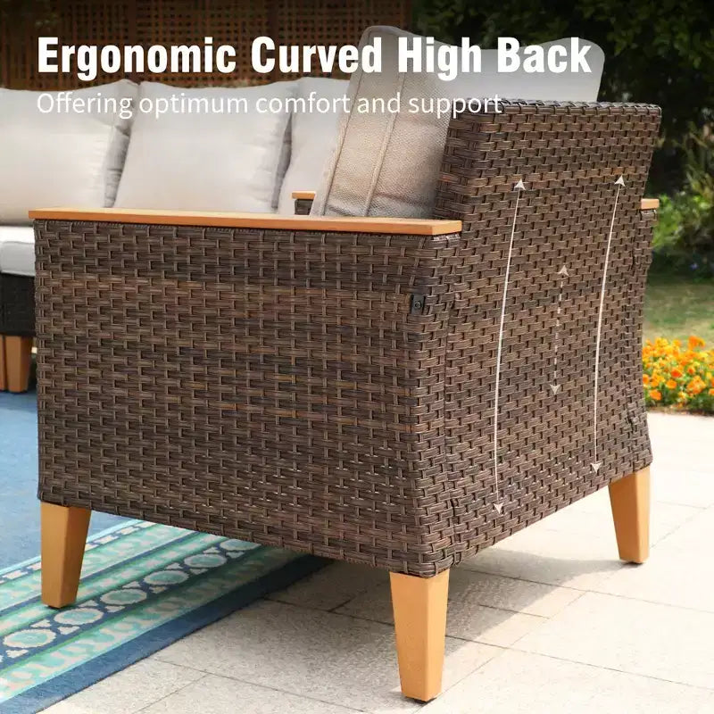 Captiva Designs 8pc Wicker Outdoor Patio Rattan Sectional Conversation Set with Fire Pit Table and Cushioned Ottoman