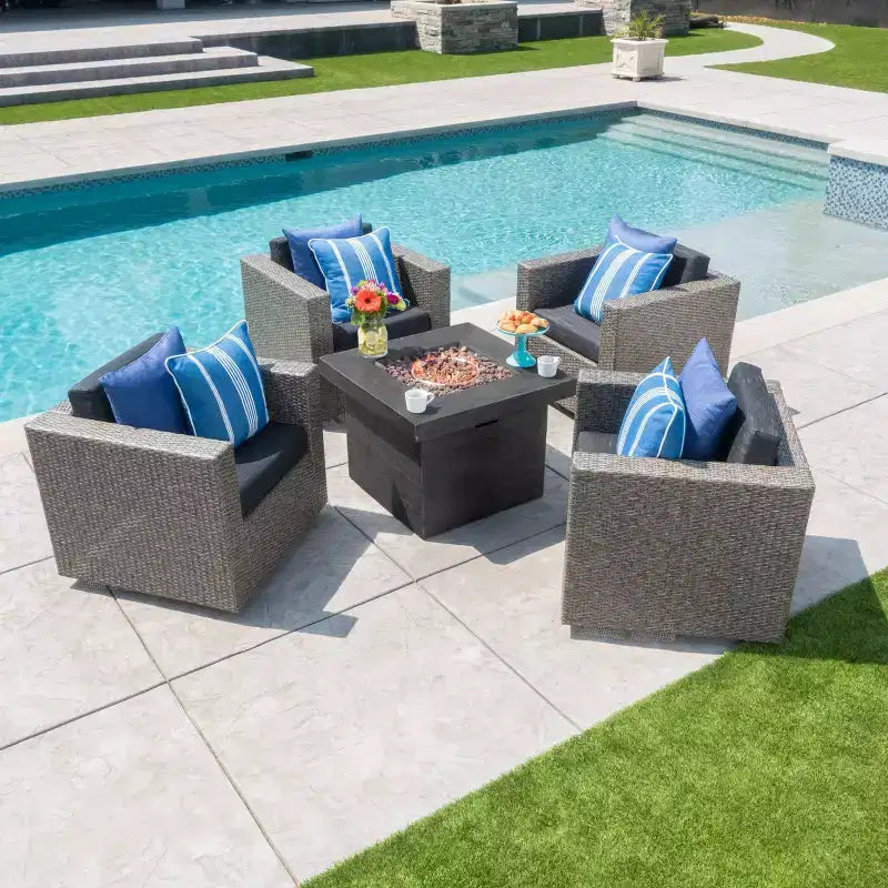 GDFStudio Venice Outdoor Wicker 5 Piece Swivel Club Chair and Fire Pit Set with Cushions
