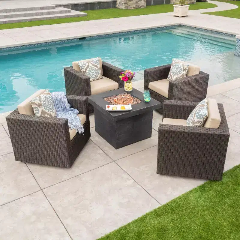 GDFStudio Venice Outdoor Wicker 5 Piece Swivel Club Chair and Fire Pit Set with Cushions