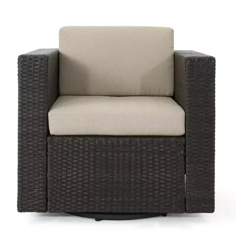 GDFStudio Venice Outdoor Wicker 5 Piece Swivel Club Chair and Fire Pit Set with Cushions