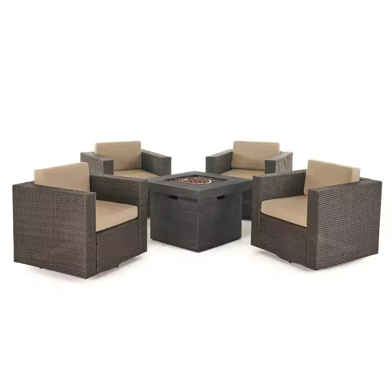 GDFStudio Venice Outdoor Wicker 5 Piece Swivel Club Chair and Fire Pit Set with Cushions