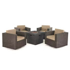 GDFStudio Venice Outdoor Wicker 5 Piece Swivel Club Chair and Fire Pit Set with Cushions
