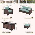 Captiva Designs 8pc Outdoor Patio Wicker Rattan Cushioned Sofa Fire Pit Set with Ottomans and Single Sofas