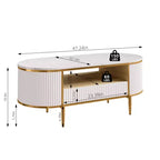 Table basse moderne de luxe cannelée, table basse de 48 pouces avec tiroir de rangement, table basse ovale avec pieds dorés, plateau en faux marbre