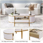 Table basse moderne de luxe cannelée, table basse de 48 pouces avec tiroir de rangement, table basse ovale avec pieds dorés, plateau en faux marbre