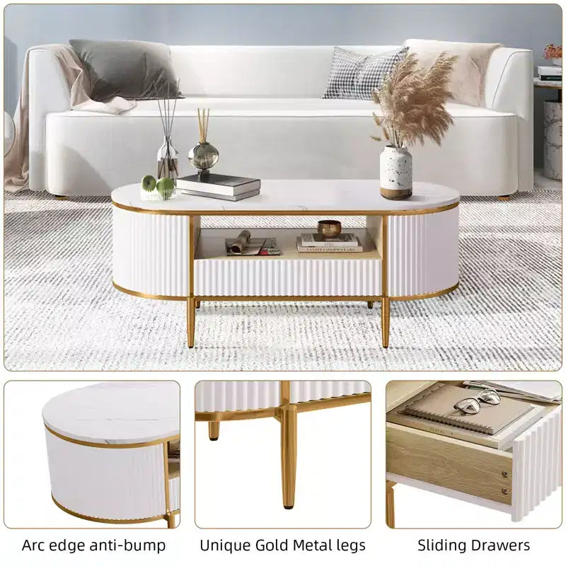 Table basse moderne de luxe cannelée, table basse de 48 pouces avec tiroir de rangement, table basse ovale avec pieds dorés, plateau en faux marbre