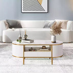 Table basse moderne de luxe cannelée, table basse de 48 pouces avec tiroir de rangement, table basse ovale avec pieds dorés, plateau en faux marbre