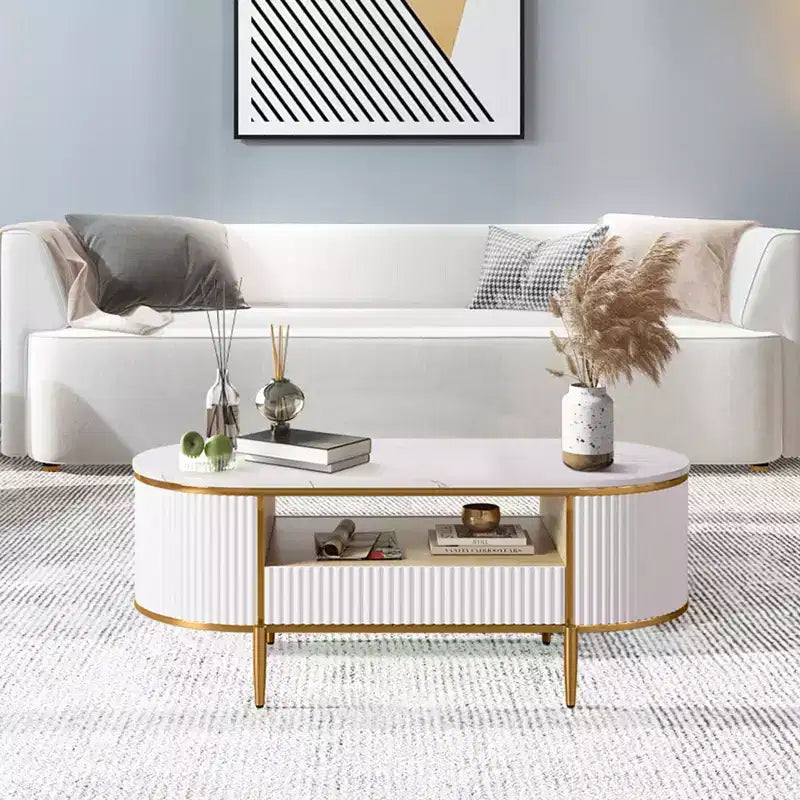 Table basse moderne de luxe cannelée, table basse de 48 pouces avec tiroir de rangement, table basse ovale avec pieds dorés, plateau en faux marbre
