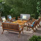GDFStudio Manarola Outdoor Acacia Wood 8 Seater Chat Set, Teak/Dark Gray