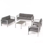GDFStudio Crested Bay Outdoor Aluminum 7 Seater Chat Set with Cushions, Silver/Khaki