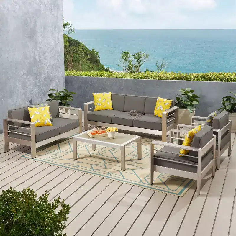 Ensemble de conversation d'extérieur 7 places en aluminium avec coussins GDFStudio Crested Bay, argent/kaki