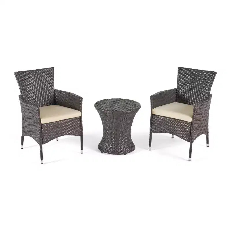 GDFStudio Jocelyn Outdoor Wicker 3 Piece Chat Set with Cushion, Multibrown/Beige