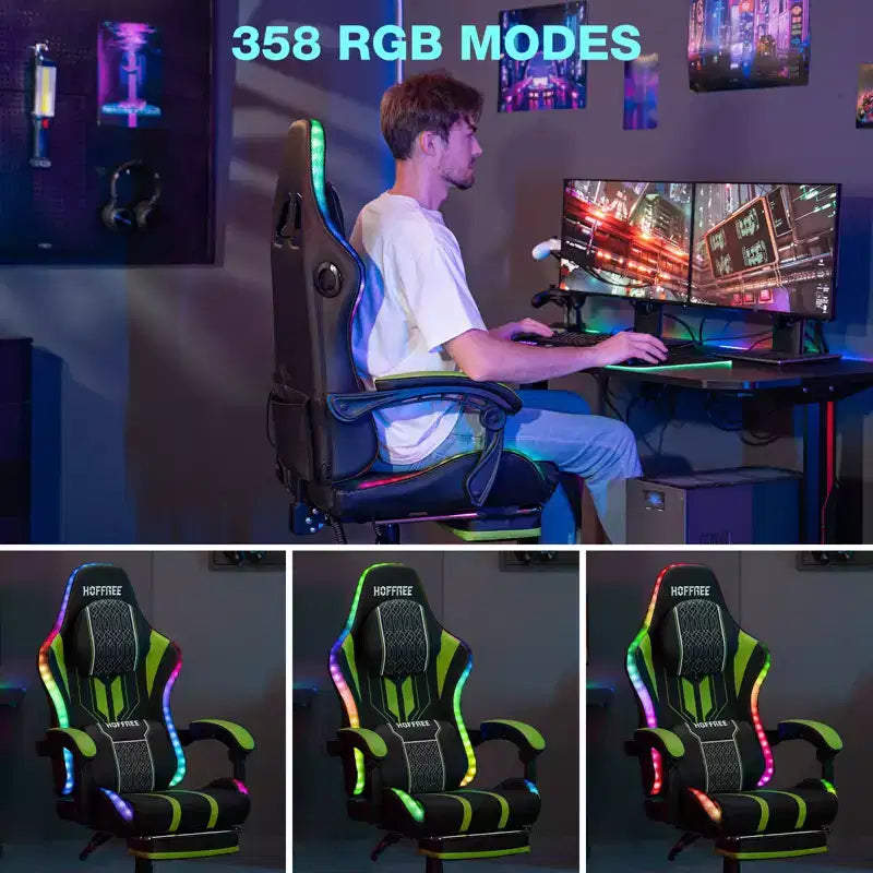 Hoffree Extra Large Massage Gaming Chair Ergonomic Office PC Chair with Bluetooth Speaker & RGB Light