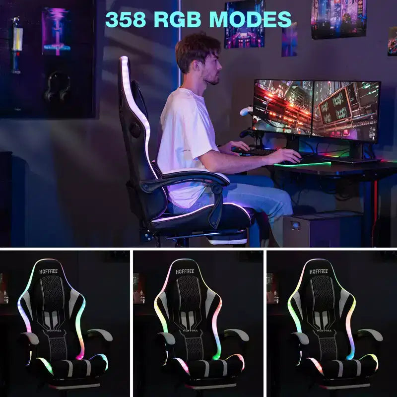 Hoffree Extra Large Massage Gaming Chair Ergonomic Office PC Chair with Bluetooth Speaker & RGB Light