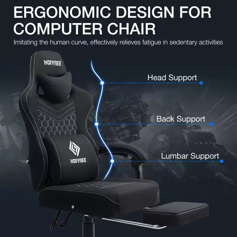 Chaise de jeu massante Hoffree en tissu respirant Chaise de bureau PC ergonomique avec repose-pieds et réglable