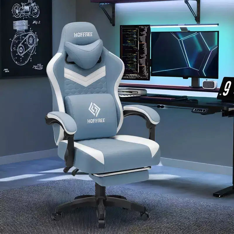 Hoffree Chaise de massage de jeu en tissu respirant Chaise de bureau PC ergonomique avec haut-parleur Bluetooth et repose-pieds