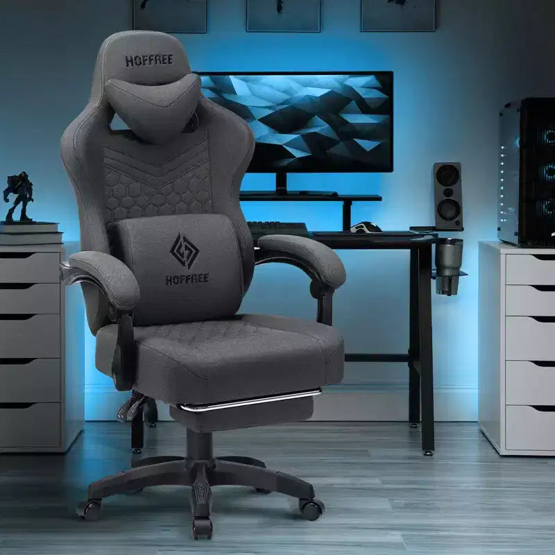 Hoffree Chaise de massage de jeu en tissu respirant Chaise de bureau PC ergonomique avec haut-parleur Bluetooth et repose-pieds